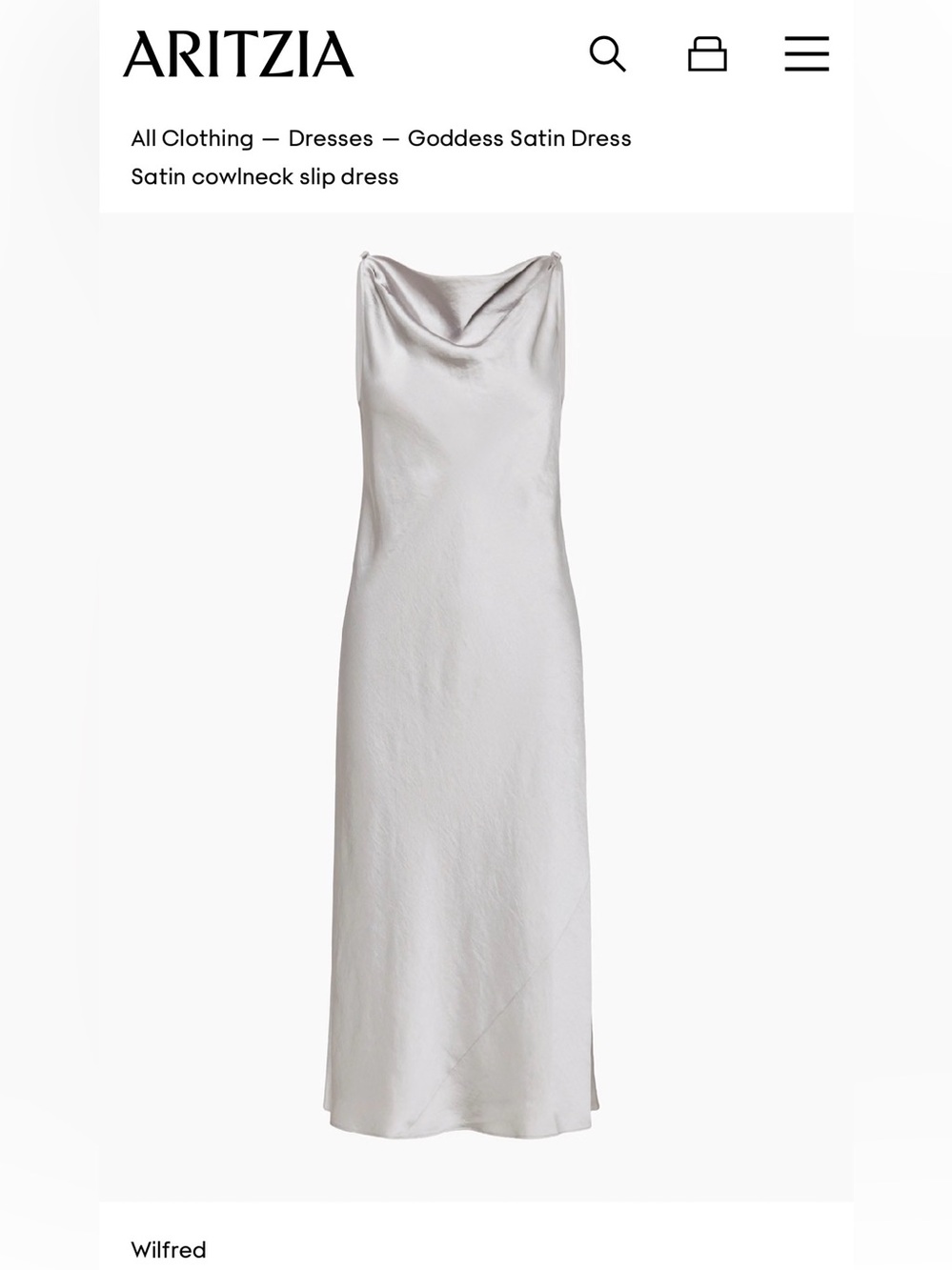 Aritzia Wilfred Goddess Satin Cowlneck Slip Dress - Silver Ashen